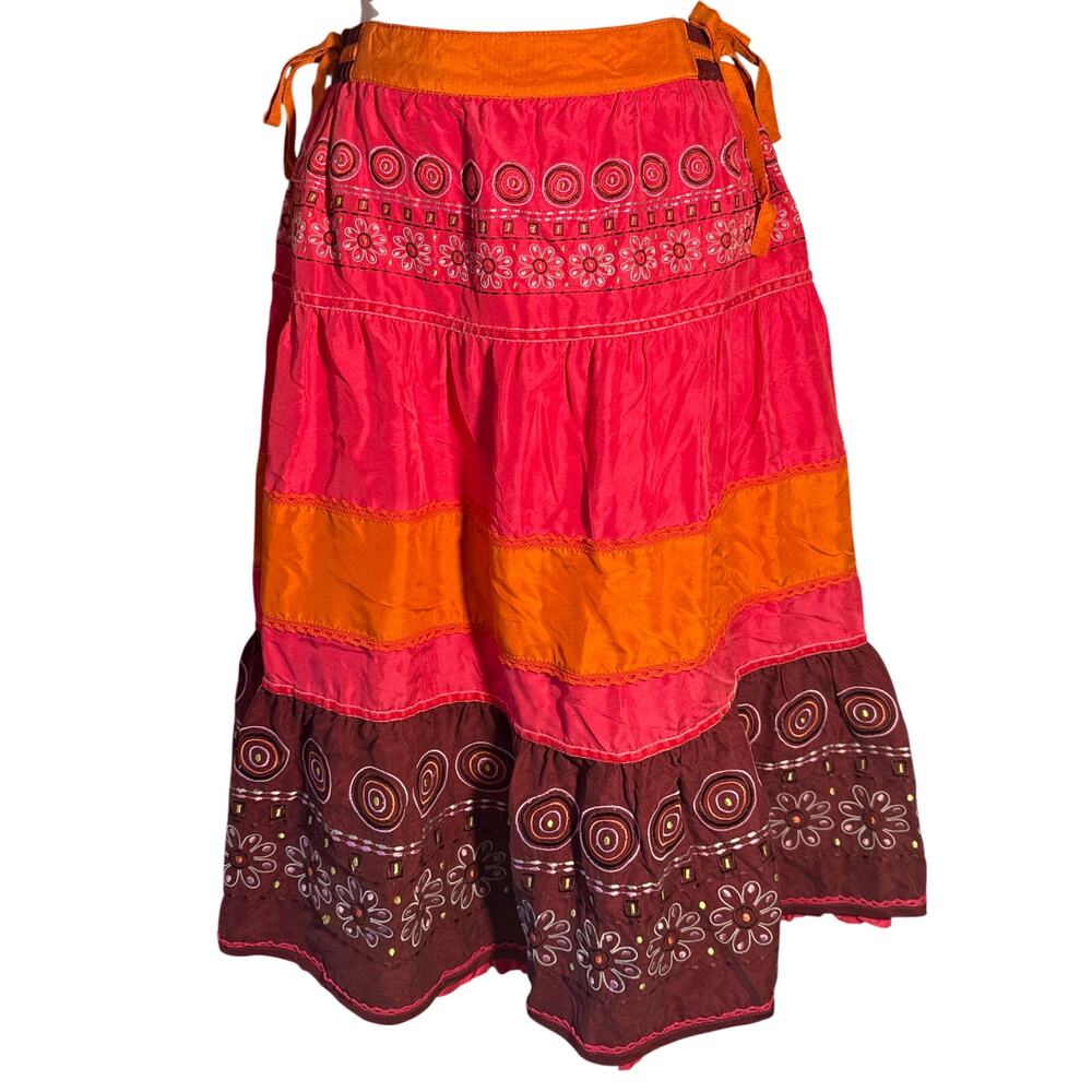 Girls Oilily Multi-Tier Embroidered Skirt with elastic Waist and Side Ties 8 EUC